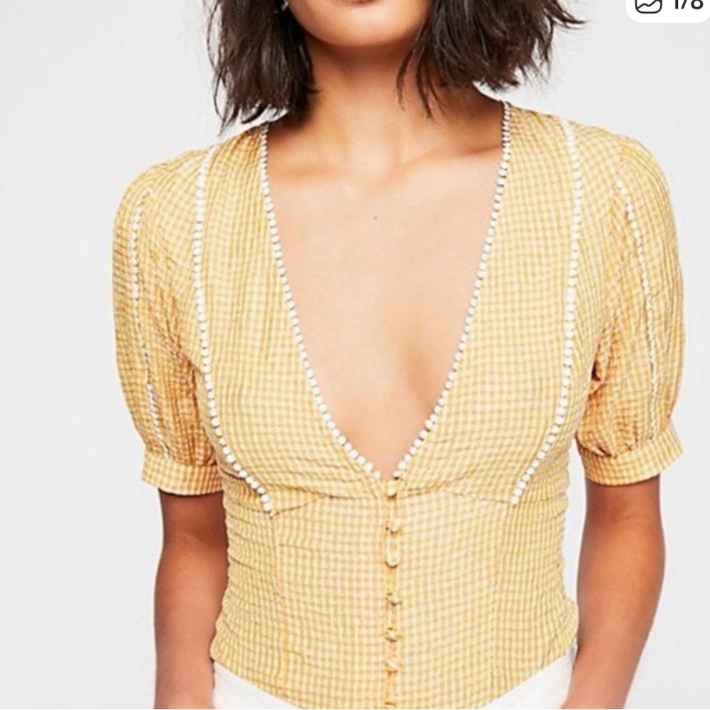Free People Ivy Yellow Gingham V-Neck Button Front Top